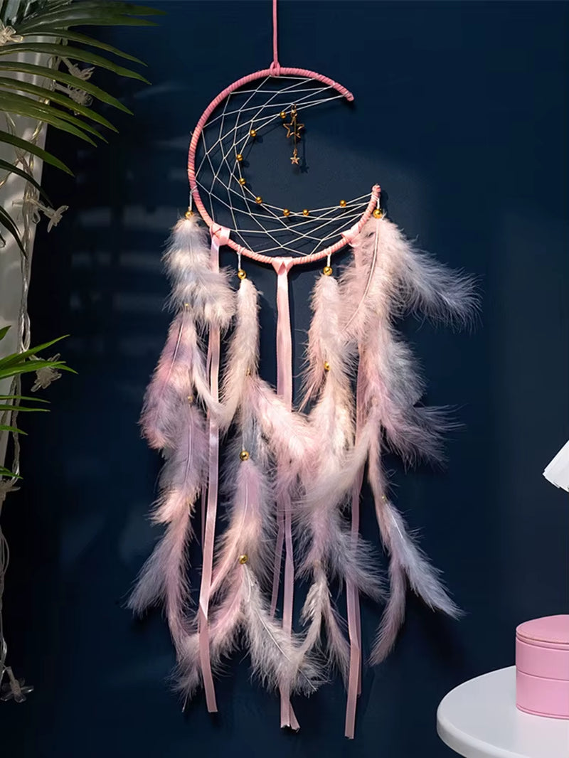 Moon Dream Catcher Feather Wind Chimes Hand-Woven Wall Bedroom Hanging Ornaments Birthday Festival Gifts Home Decoration Crafts