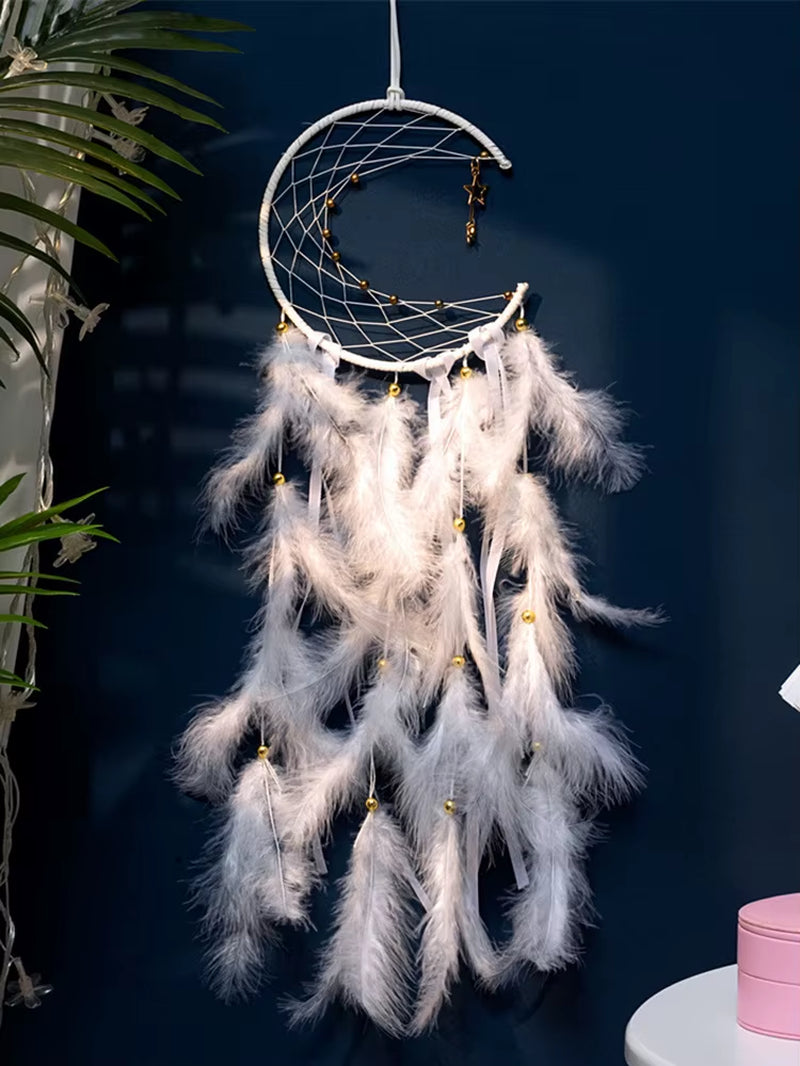 Moon Dream Catcher Feather Wind Chimes Hand-Woven Wall Bedroom Hanging Ornaments Birthday Festival Gifts Home Decoration Crafts