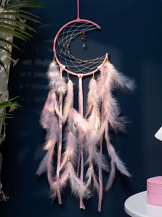 Moon Dream Catcher Feather Wind Chimes Hand-Woven Wall Bedroom Hanging Ornaments Birthday Festival Gifts Home Decoration Crafts