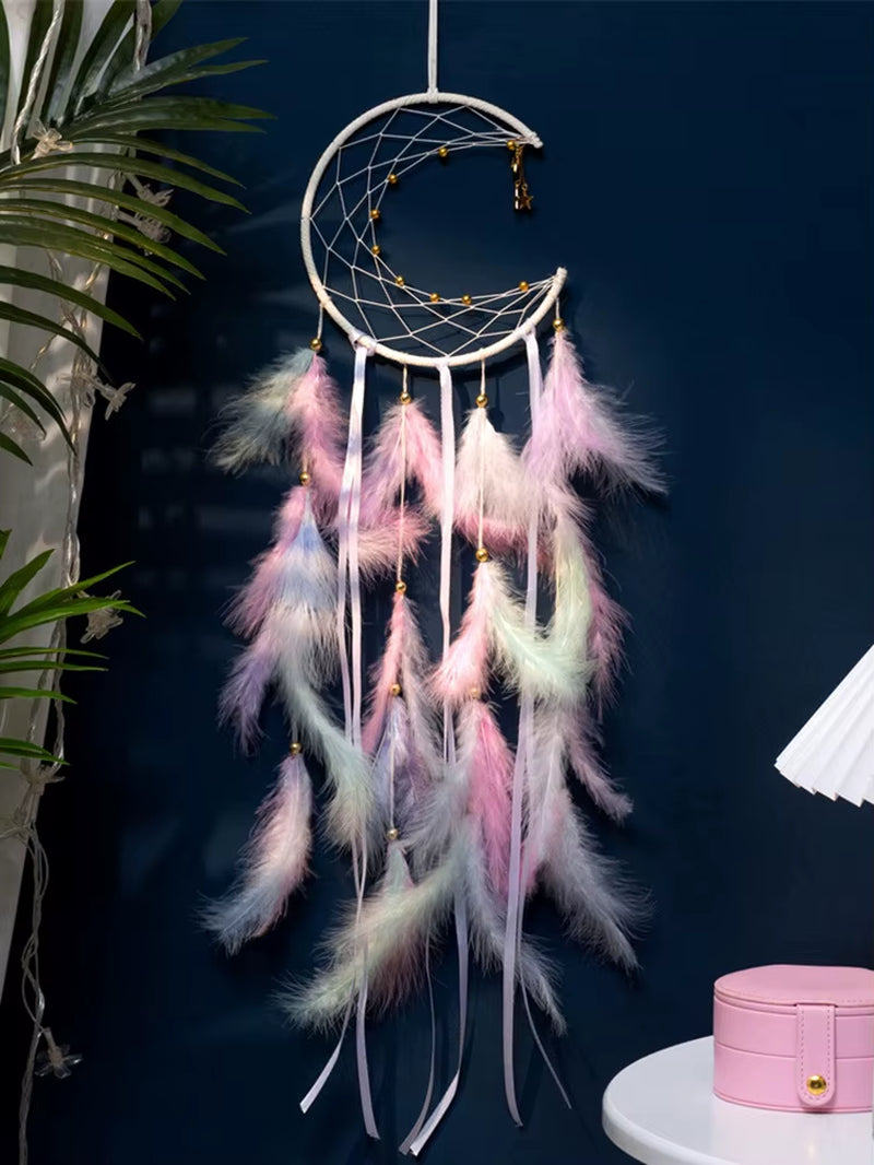 Moon Dream Catcher Feather Wind Chimes Hand-Woven Wall Bedroom Hanging Ornaments Birthday Festival Gifts Home Decoration Crafts