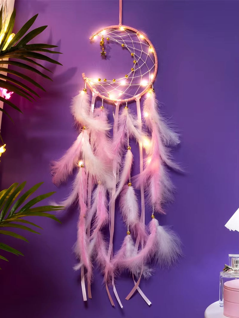 Moon Dream Catcher Feather Wind Chimes Hand-Woven Wall Bedroom Hanging Ornaments Birthday Festival Gifts Home Decoration Crafts