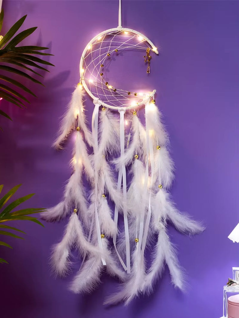 Moon Dream Catcher Feather Wind Chimes Hand-Woven Wall Bedroom Hanging Ornaments Birthday Festival Gifts Home Decoration Crafts