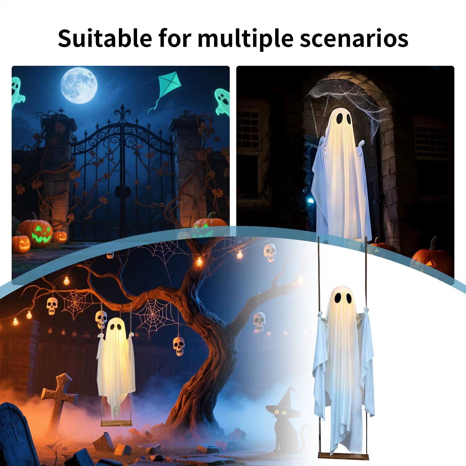 13Foot Halloween Lighted Ghost Hanging Swing Decor Kit Scary Standing Ghosts Halloween Horror Props for Front Door Porch Yard