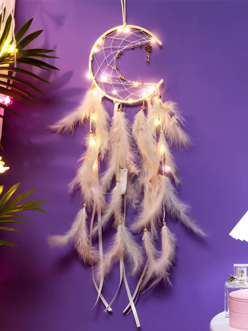 Moon Dream Catcher Feather Wind Chimes Hand-Woven Wall Bedroom Hanging Ornaments Birthday Festival Gifts Home Decoration Crafts