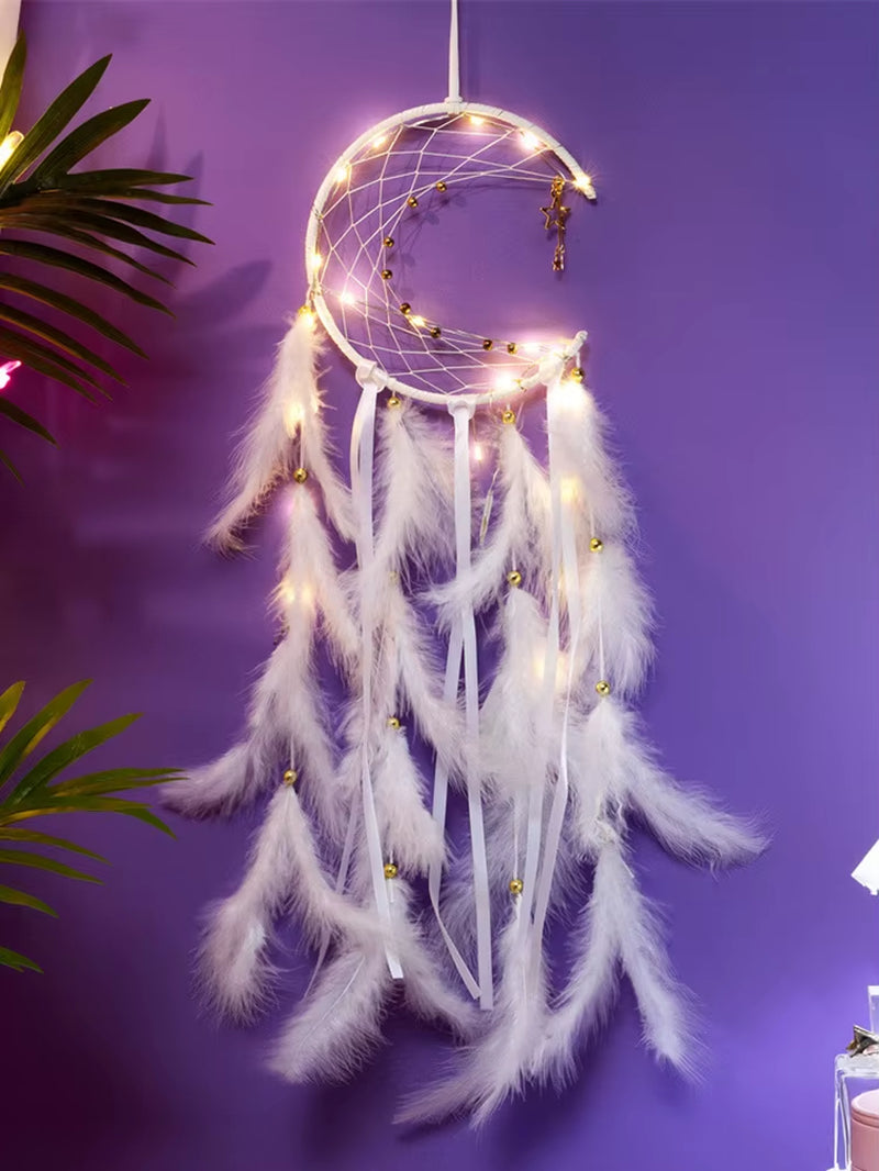 Moon Dream Catcher Feather Wind Chimes Hand-Woven Wall Bedroom Hanging Ornaments Birthday Festival Gifts Home Decoration Crafts