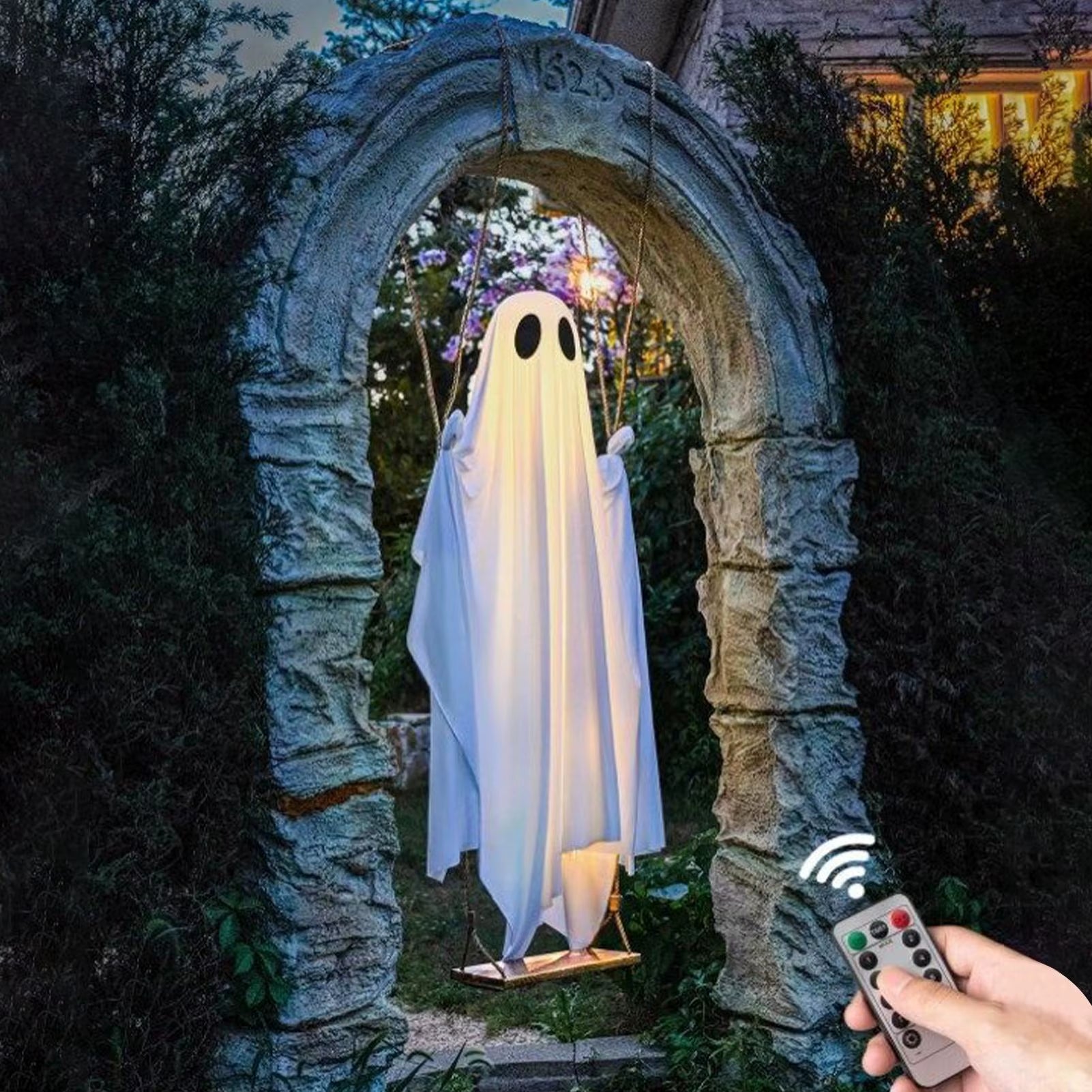 13Foot Halloween Lighted Ghost Hanging Swing Decor Kit Scary Standing Ghosts Halloween Horror Props for Front Door Porch Yard