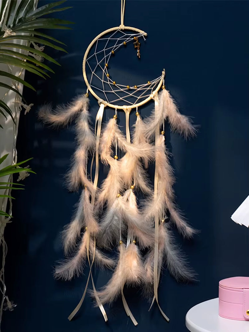 Moon Dream Catcher Feather Wind Chimes Hand-Woven Wall Bedroom Hanging Ornaments Birthday Festival Gifts Home Decoration Crafts
