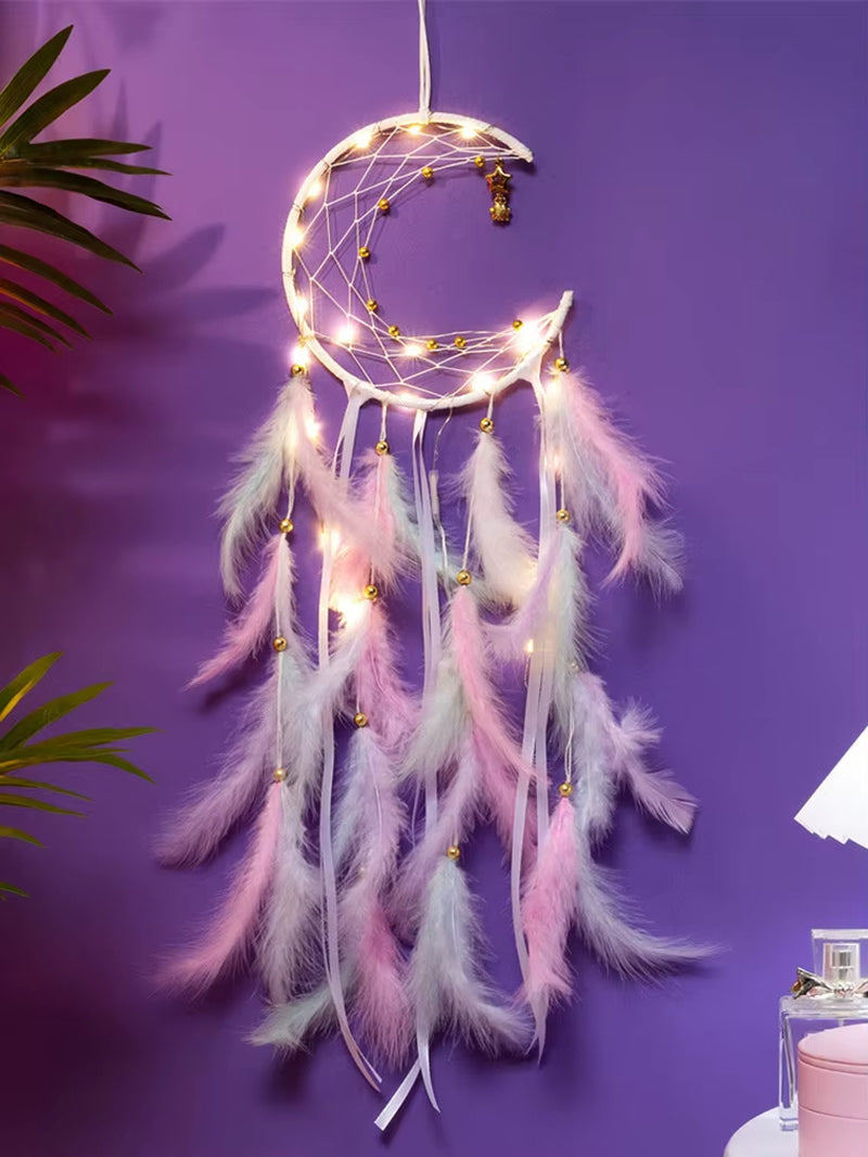 Moon Dream Catcher Feather Wind Chimes Hand-Woven Wall Bedroom Hanging Ornaments Birthday Festival Gifts Home Decoration Crafts