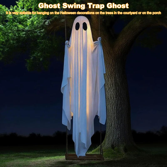 Outdoor Hanging Swing Ghost Halloween Horror Decoration with String Lights Cute Ghost Ornaments for Front Porch Courtyard Tree
