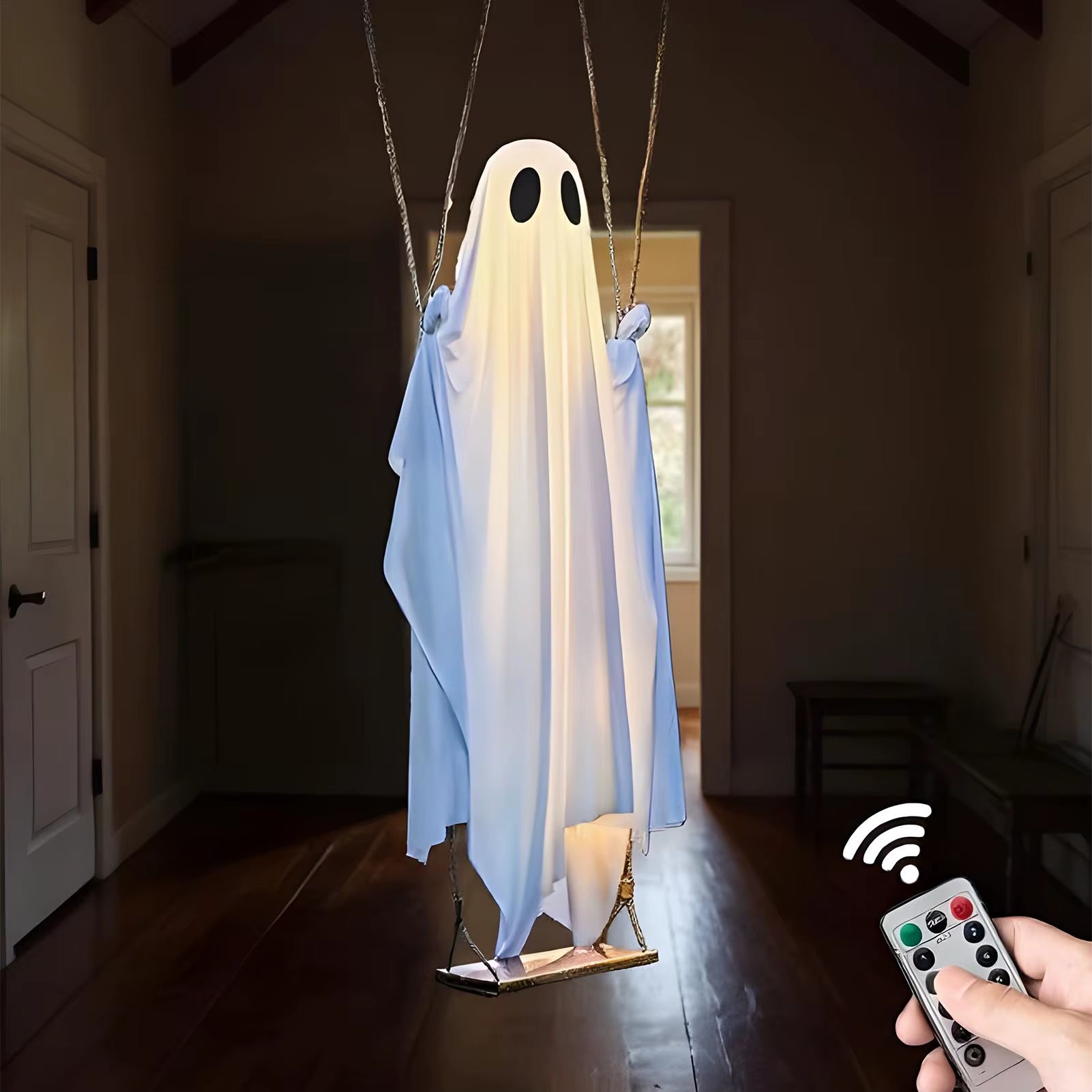 13Foot Halloween Lighted Ghost Hanging Swing Decor Kit Scary Standing Ghosts Halloween Horror Props for Front Door Porch Yard