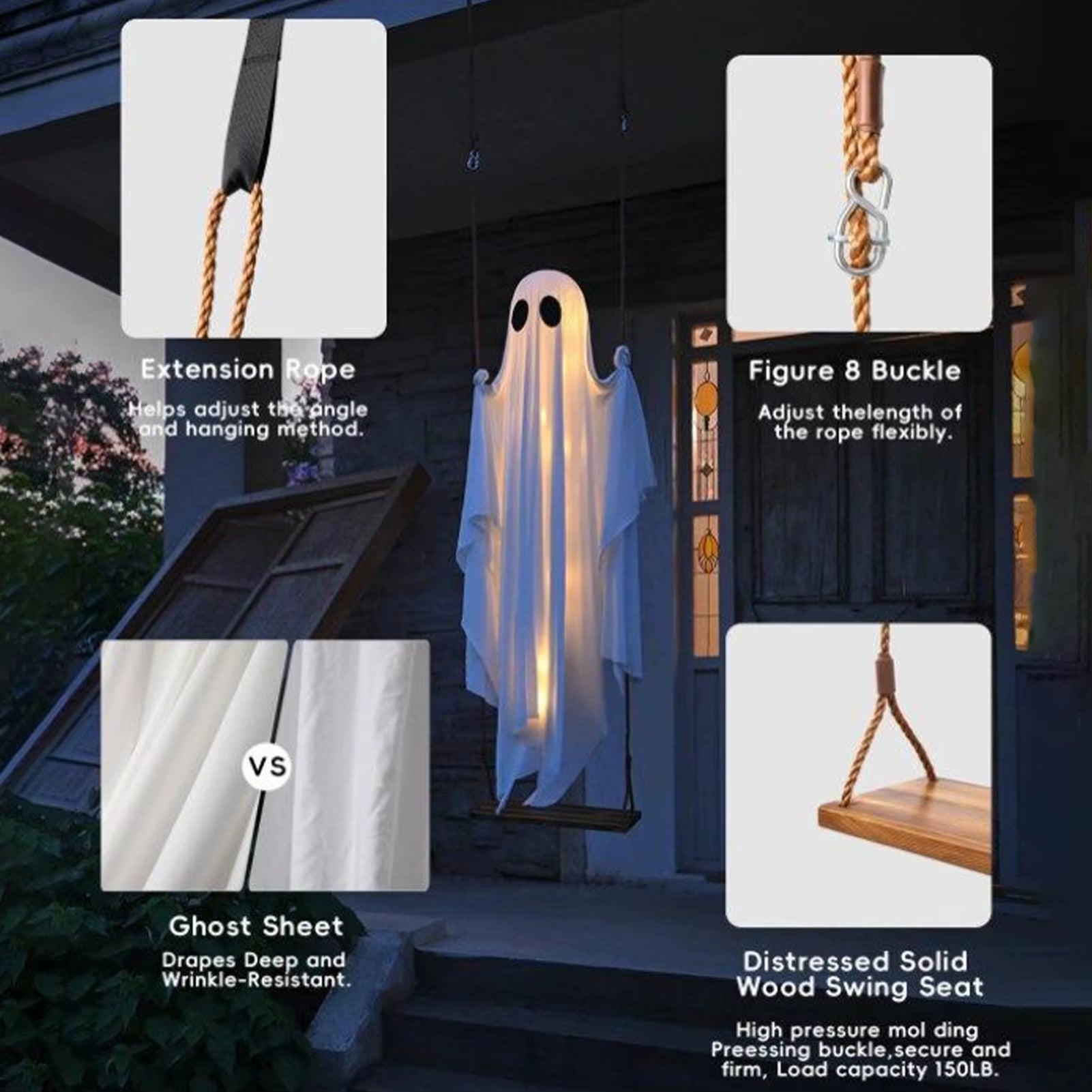 13Foot Halloween Lighted Ghost Hanging Swing Decor Kit Scary Standing Ghosts Halloween Horror Props for Front Door Porch Yard
